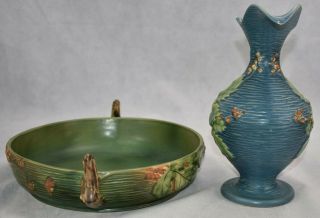 Vintage Roseville Pottery Bushberry Green Bowl 415 - 10 And Blue Ewer 2 - 10 4