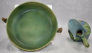 Vintage Roseville Pottery Bushberry Green Bowl 415 - 10 And Blue Ewer 2 - 10 5