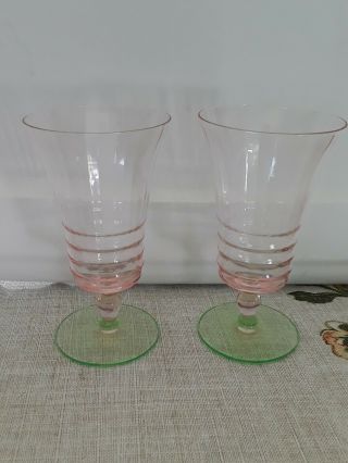 Tiffin Watermelon Glass Water Wine Goblet Etched Set Of 2 No Damage.  Rare