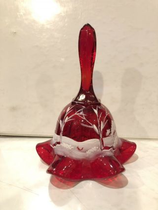 Fenton Qvc 2006 Scenic Ruby Red Hp Canaan Valley Christmas Bell Winter Scene