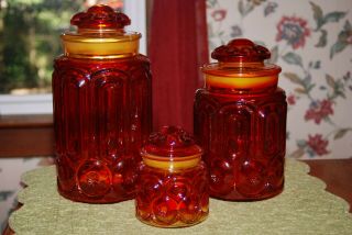 3 Piece Vintage L.  E.  Smith Amberina Moon & Star Glass Canister Set