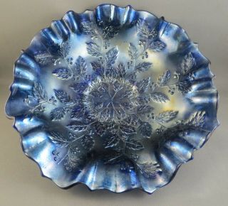 Vintage Fenton Carnival Glass Cobalt Blue Ruffled Bowl Holly & Berries 9 "