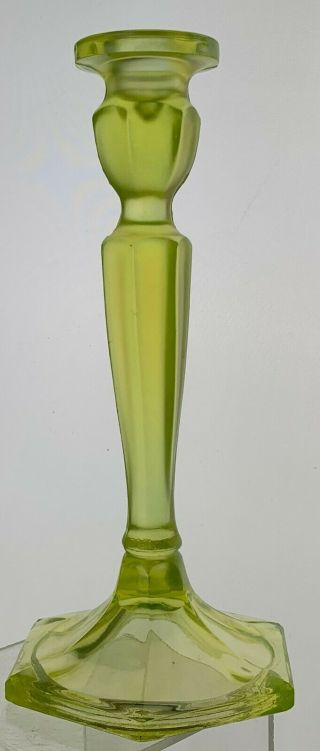Vintage Vaseline Green Yellow Lime Glass Satin Finish Candlestick Holder 9 " Tall