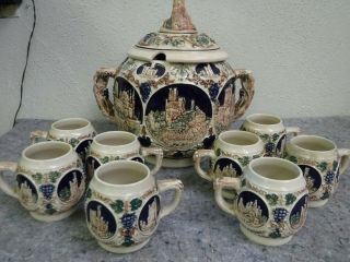 Vintage German Gerz Hot Cider Punch Bowl Set - " Castles " - Lidded Tureen & 8 Mugs