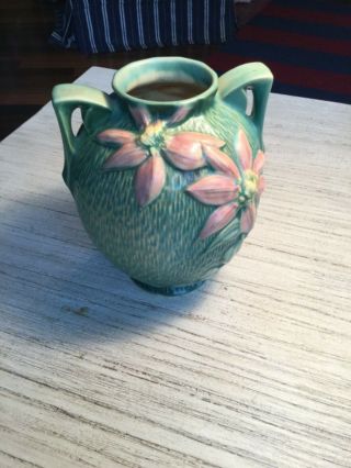 Roseville Pottery 107 8 Clematis Flower Green Vase With Double Handles