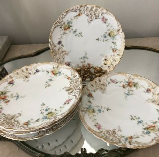 Antique Hand Painted Flower Nymphenburg Dresden Reticulated Pierced Set 6 Plates