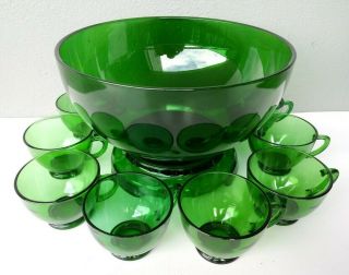 Anchor Hocking - Forest Green Glass Punch Bowl Set W/ Stand & 8 Cups