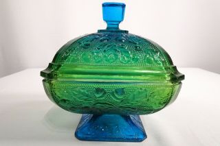 Vintage Green & Blue Stained Glass Candy Dish With Matching Glass Lid /pre - Owned