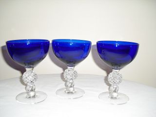 3 Morgantown Cobalt Blue Crystal Ritz Golf Ball Stem Wine / Champagne Goblets