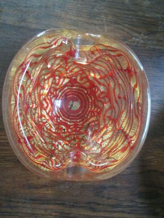 Mid Century Murano Art Glass Gold Fleck Red Swirl Heavy Ashtray Pinch Bowl