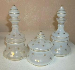 Mid Century White Glass Apothecary Jar & 2 Decanter Bed/bath Set/gold Starbursts