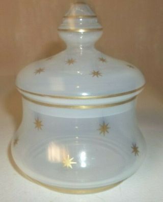 Mid Century White Glass Apothecary Jar & 2 Decanter Bed/Bath Set/Gold Starbursts 2