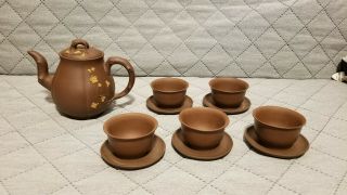 Chinese Yixing Zisha Clay Teapot Set With 5 Cups And Saucers
