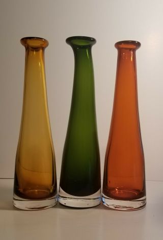 Vintage Modern Set Of 3 Hand Blown Art Glass Bottle Vases - Gold,  Green,  Orange