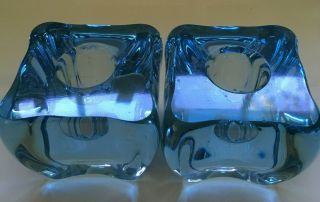 Vintage Signed Skruf Scandinavian Blue Art Glass Candle Sticks Holders (2) - 2 "