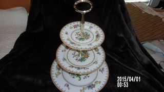 3 Tier Spode " Peplow " Pattern Cake Plate/stand Hor D’oeurves Tray Silver Handle