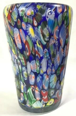 Vintage Murano ☆ Clear Encased Cobalt Blue Millefiori Hand Blown Art Glass Vase