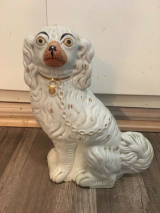 12” Very Large Antique English Staffordshire Spaniel Dog With Gold Gilt Accent