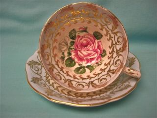 Foley Deep Pink and White Cabbage Rose Heavy Gold Gilt Pale Blue Cup and Saucer 2