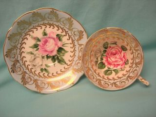 Foley Deep Pink and White Cabbage Rose Heavy Gold Gilt Pale Blue Cup and Saucer 3