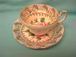 Foley Deep Pink and White Cabbage Rose Heavy Gold Gilt Pale Blue Cup and Saucer 4