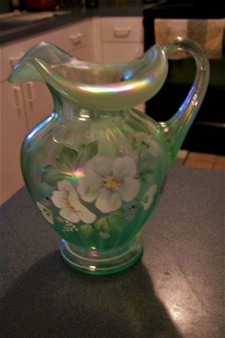 Vintage Fenton Hand Painted Vase Green With Flowers Signed Nancy Fenton