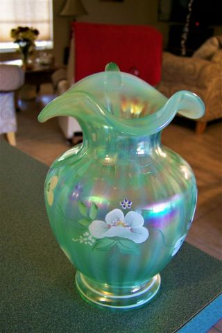 Vintage Fenton Hand Painted Vase Green With Flowers Signed Nancy Fenton 2