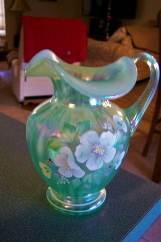 Vintage Fenton Hand Painted Vase Green With Flowers Signed Nancy Fenton 3
