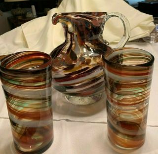 Murano Italy Art Glass Hand Blown Pitcher And Tumblers Brown Swirl