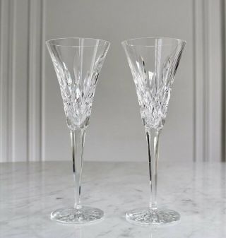 Waterford Lismore Crystal Champagne Flute Glasses Pair 9 1/4 " Euc $150 Retail