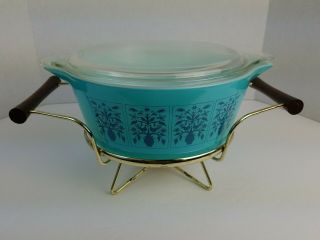 Pyrex Saxony Tree Of Life 2.  5 Qt Covered Casserole Dish & Lid Warming Stand Vtg