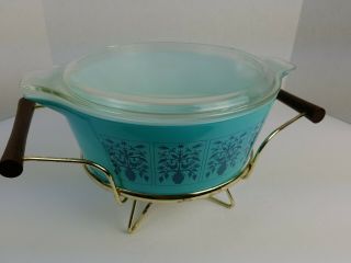 Pyrex Saxony Tree of Life 2.  5 Qt Covered Casserole Dish & Lid Warming Stand Vtg 4