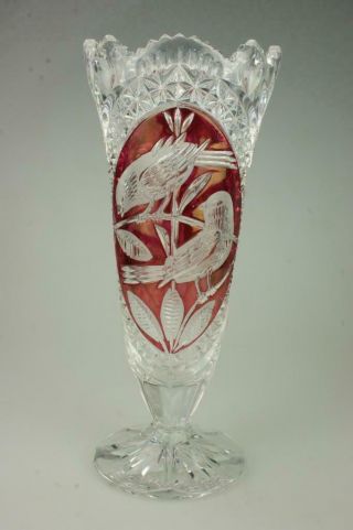 Hofbauer Crystal Co Altenstadt Germany Cut Bird Ruby Accent 10 " Footed Vase Gg1