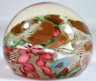 Fine Vtg Murano Art Glass Latticino Ribbon Scramble Paperweight Tutti Fruitti