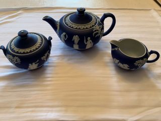 Antique Wedgwood England Dark Blue Jasperware Set Of 3 Teapot Sugar Bowl Creamer