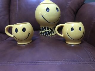 Mccoy Smiley Face Cookie Jar And Two Mugs “have A Happy Day”