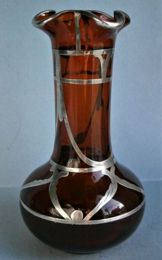 Signed Ruby Glass Vase With Sterling Silver Overlay Made In Trenton,  Nj