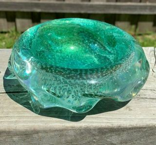 Vintage Murano Green Glass Controlled Bubbles Gold Aventurine Bowl