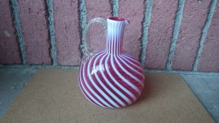 Vintage Fenton Glass Spiral Optic Opalescent Cranberry Swirl Bottle Pitcher