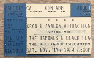 The Ramones Black Flag Concert Ticket Hollywood Palladium November 19,  1984 Punk
