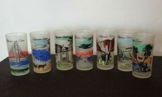Vtg California Scenes Set Of (7) Frosted Glasses Tumblers Graphics