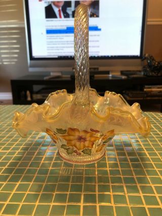 Fenton Art Glass Opalescent Basket With Handle And Hand Painted Flowers Signed