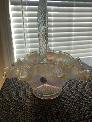 Fenton Art Glass Opalescent Basket With Handle And Hand Painted Flowers Signed 2