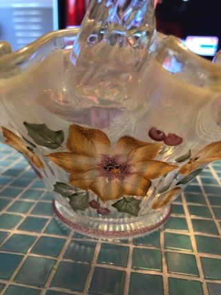 Fenton Art Glass Opalescent Basket With Handle And Hand Painted Flowers Signed 3