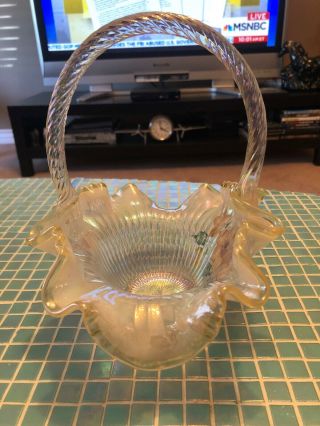 Fenton Art Glass Opalescent Basket With Handle And Hand Painted Flowers Signed 7