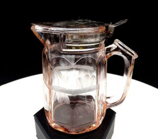 Paden City Glass Pink Paneled Leaf Etched 4 1/4 " Syrup Pitcher With Metal Lid