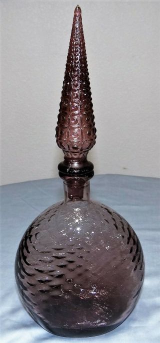 Mcm Vtg Italian Empoli Amethyst Purple Quilted Decanter Art Glass Genie Bottle