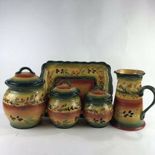 Tabletops Gallery La Province Hand Painted Platter,  Pitcher & 3 Canisters