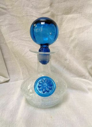 Vintage Rainbow Crackle Glass Decanter With Blue Rosette And Stopper