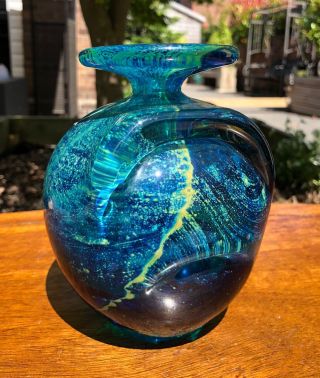 Lovely Mdina Maltese Art Glass Blue & Green Glass Pulled Ears Vase 15cm Perfect